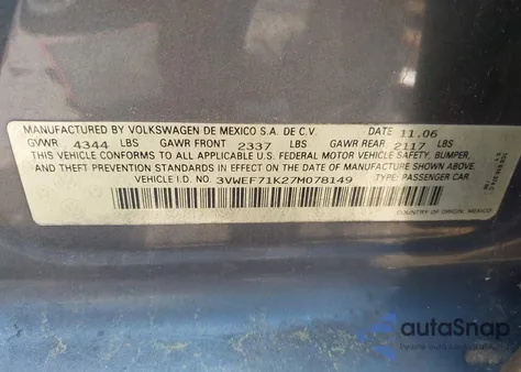 2007 Volkswagen Jetta Wolfsburg Edition z USA, uszkodzony, nr VIN 3VWEF71K27M078149